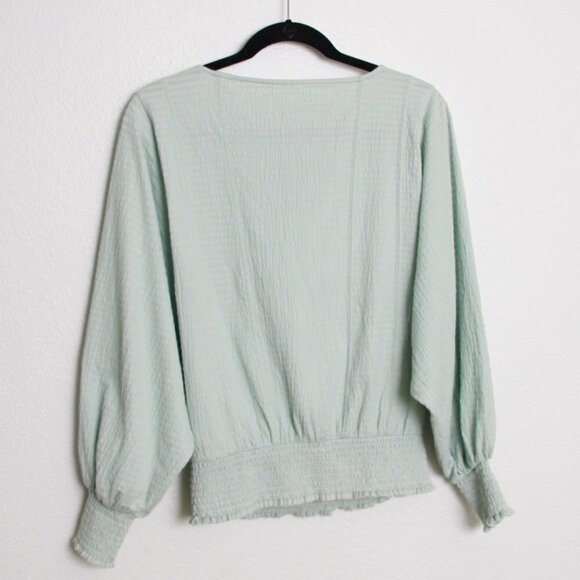 Anthropologie Rebecca Smocked Puff Sleeve Textured Peasant Blouse Light Green S - Picture 7 of 8